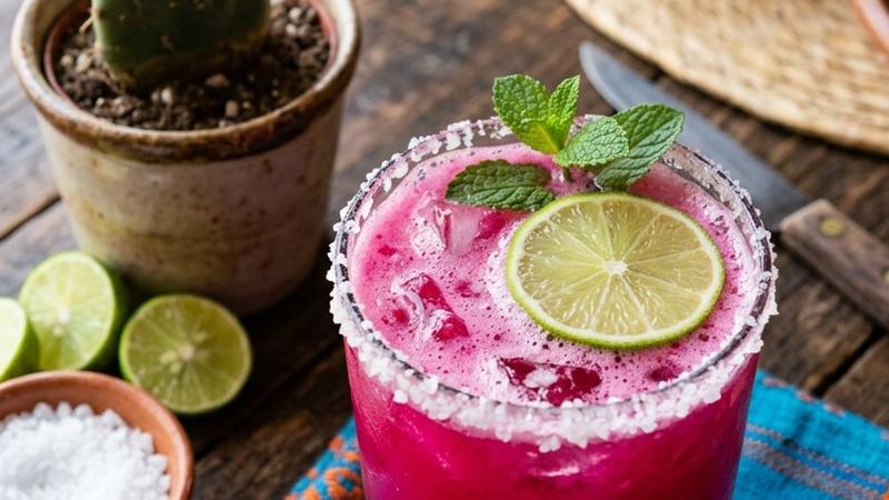 A vibrant magenta prickly pear margarita in a salt-rimmed glass with a lime wheel and prickly pear slice
