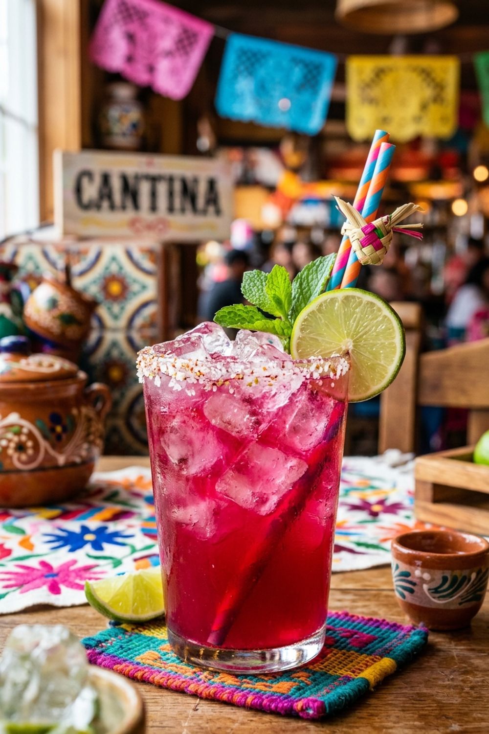 Prickly pear syrup being strained through a sieve into a glass bowl, showing the vibrant magenta color