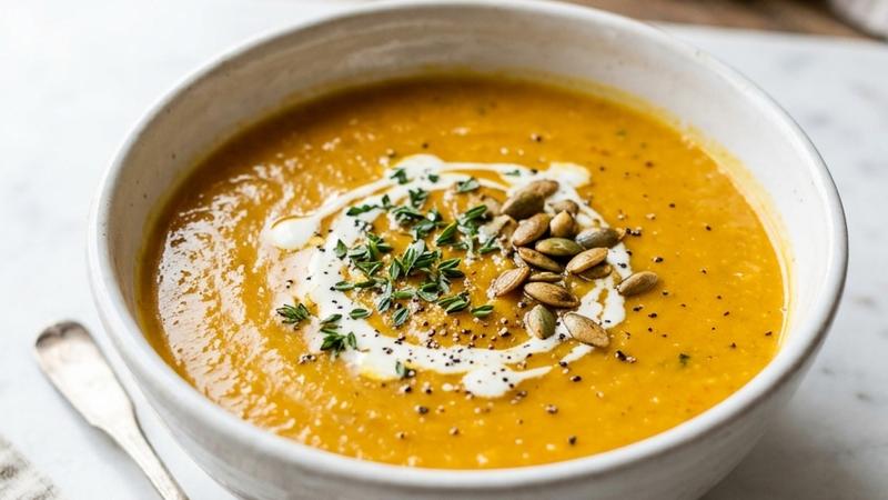 Creamy quick carrot soup in a white bowl garnished with crème fraîche, fresh cilantro, and toasted pumpkin seeds