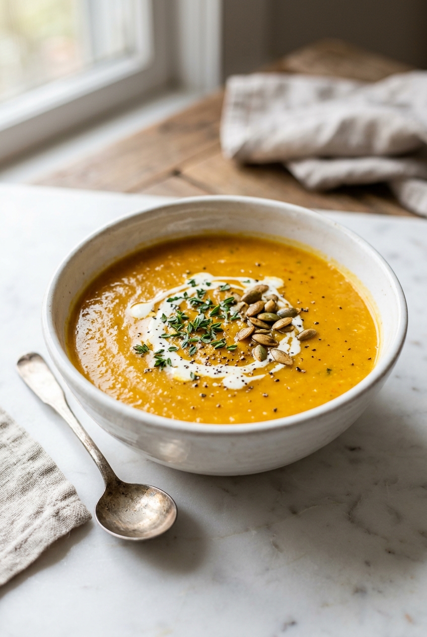 Creamy quick carrot soup in a white bowl garnished with crème fraîche, fresh cilantro, and toasted pumpkin seeds