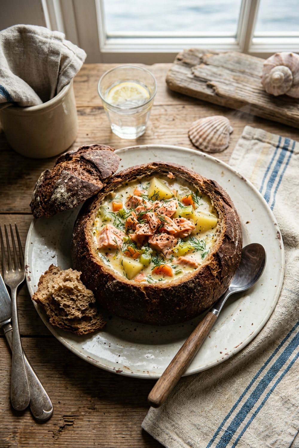 A bowl of creamy smoked salmon chowder topped with fresh dill and cracked black pepper