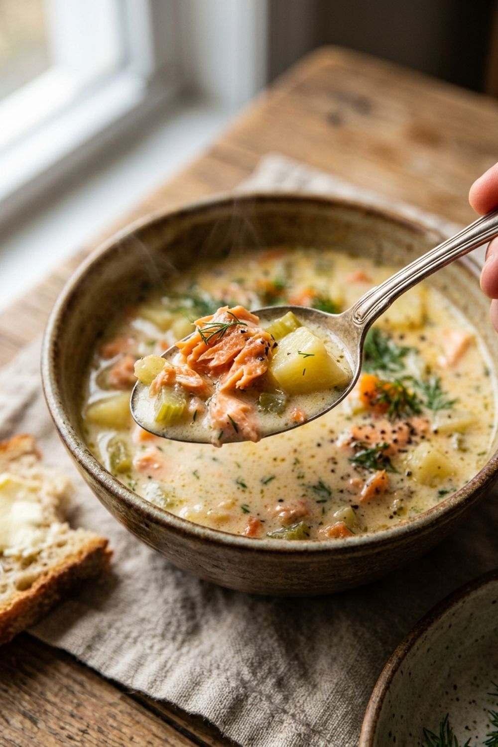 A close-up of smoked salmon chowder showing flaked salmon pieces and fresh dill in a creamy broth