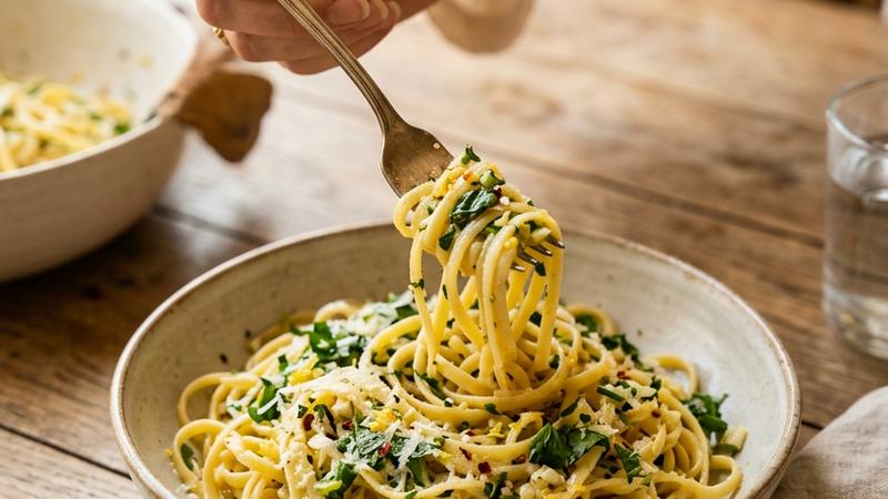 A vibrant bowl of spring lemon pasta with fresh basil, lemon slices, and grated Pecorino Romano cheese, garnished with microgreens and a drizzle of olive oil