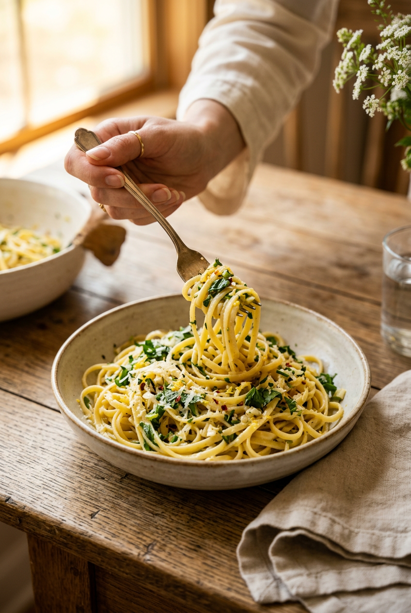 A vibrant bowl of spring lemon pasta with fresh basil, lemon slices, and grated Pecorino Romano cheese, garnished with microgreens and a drizzle of olive oil
