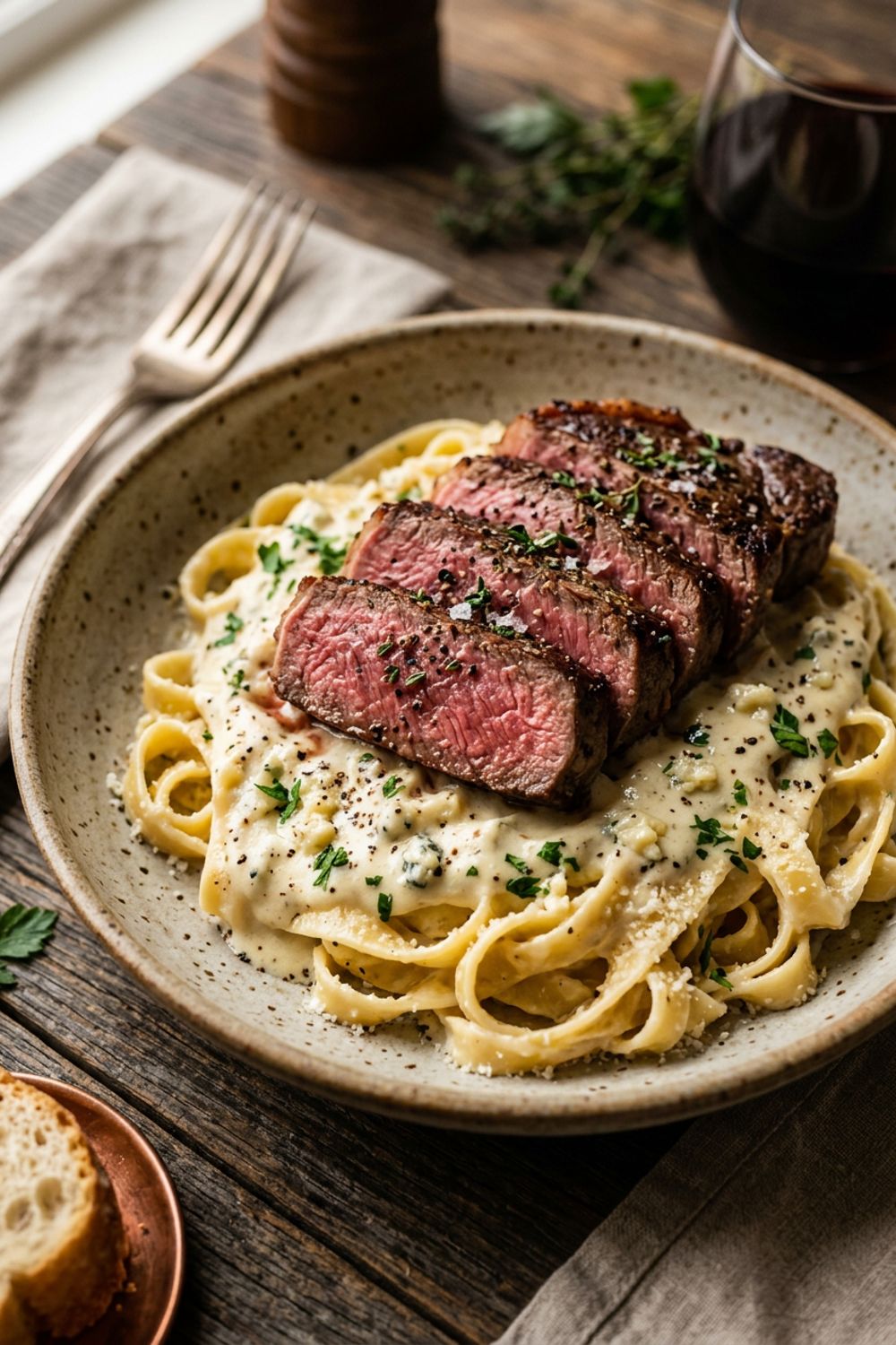 Balsamic glaze being drizzled over sliced steak on top of creamy fettuccine pasta