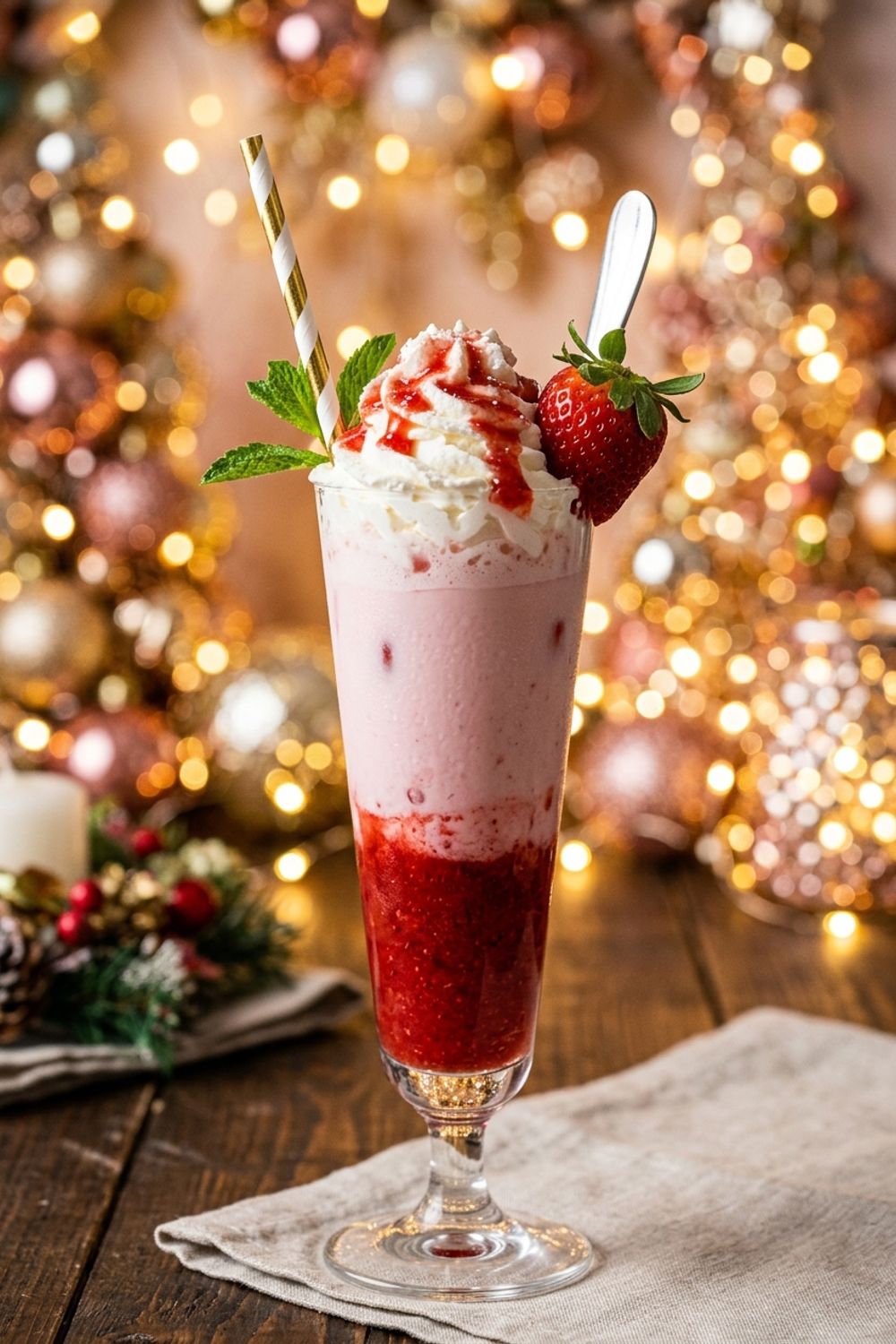 Close-up of strawberry Christmas drink with rosemary sprig garnish and cranberries floating in sparkling red liquid