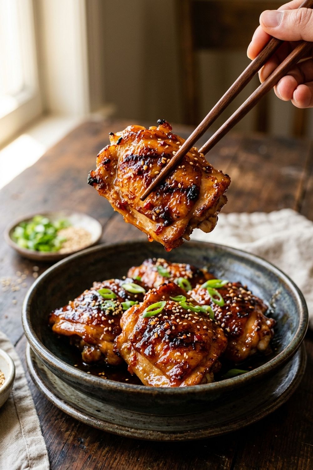 Sweet chili chicken rice bowl with pickled vegetables and avocado arranged beautifully