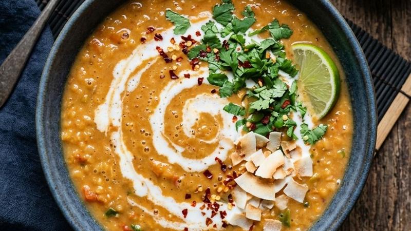 A bowl of creamy orange-red Thai coconut lentil soup garnished with coconut cream swirl, fresh cilantro, and red pepper flakes