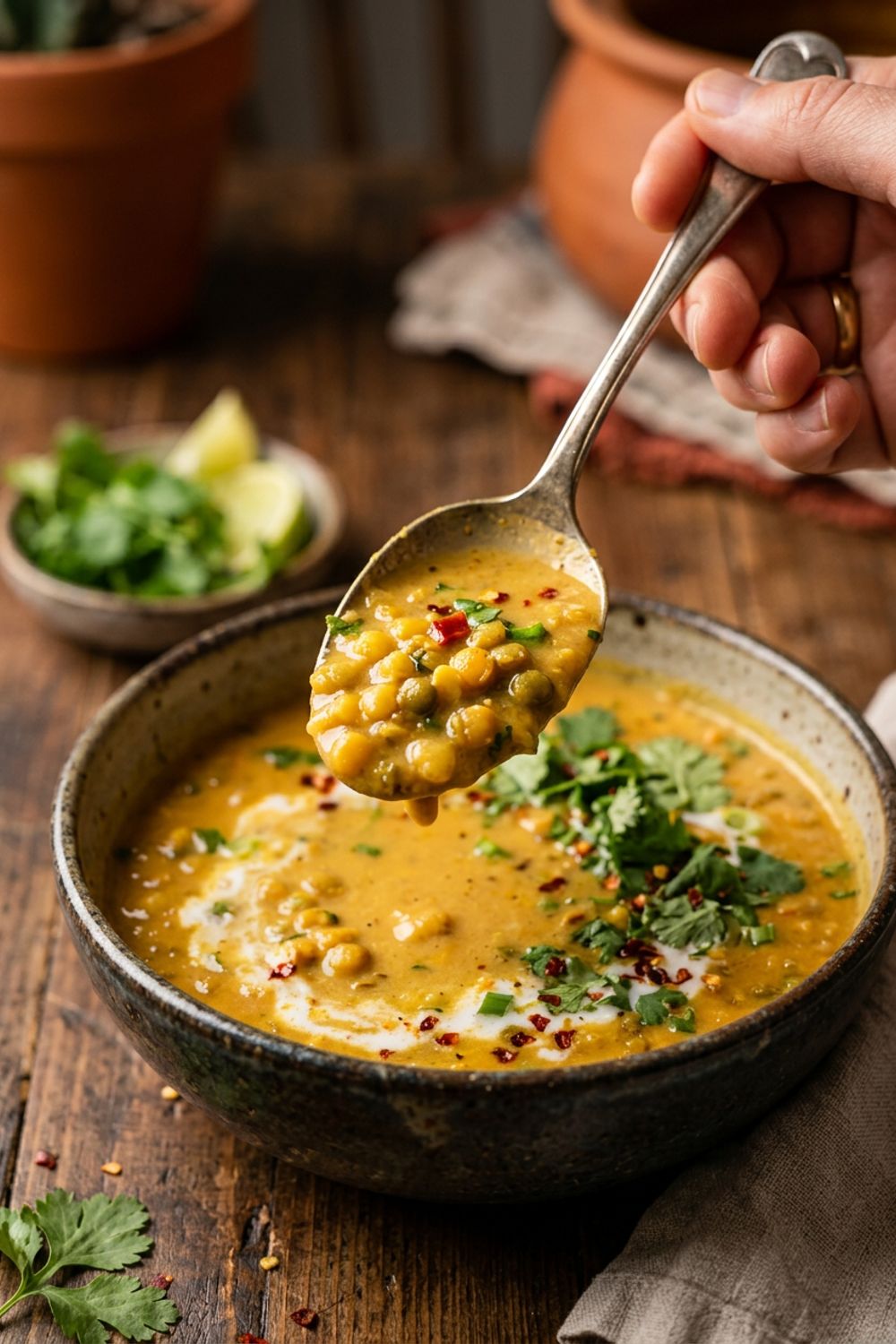 A pot of Thai coconut red lentil soup simmering with visible red lentils breaking down into creamy golden liquid