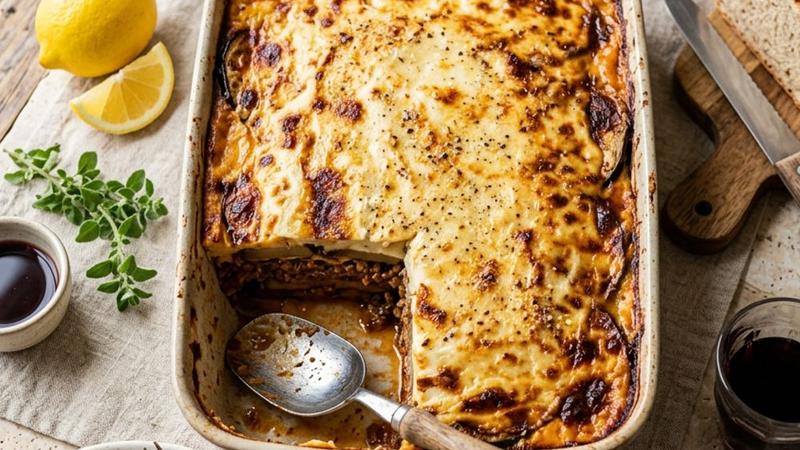 A golden-topped Greek moussaka in a ceramic baking dish with a slice removed showing layers of eggplant, meat, and béchamel