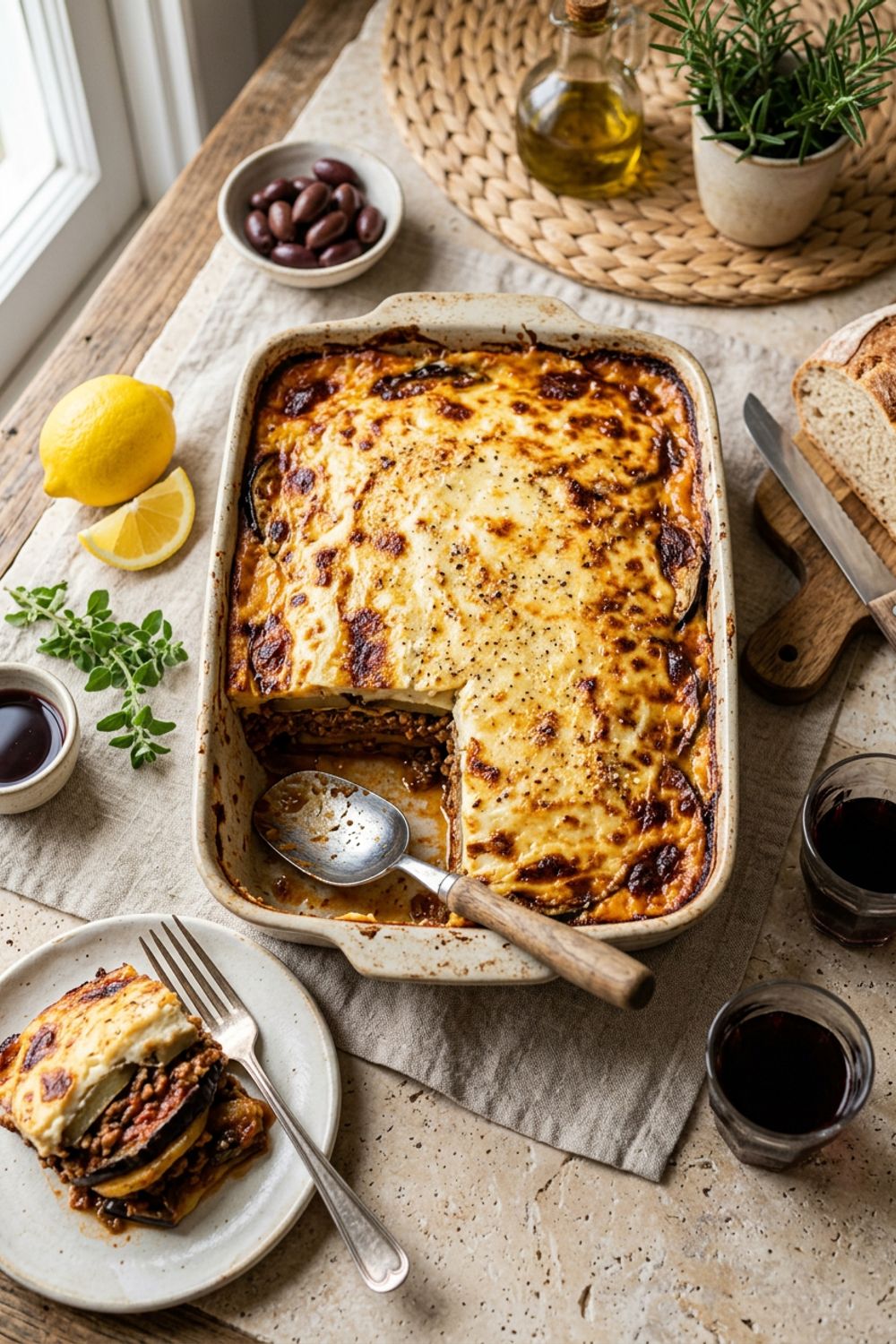 A golden-topped Greek moussaka in a ceramic baking dish with a slice removed showing layers of eggplant, meat, and béchamel
