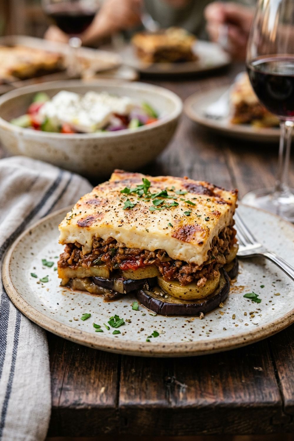 Cross-section of moussaka showing distinct layers of roasted eggplant, spiced lamb sauce, and golden béchamel